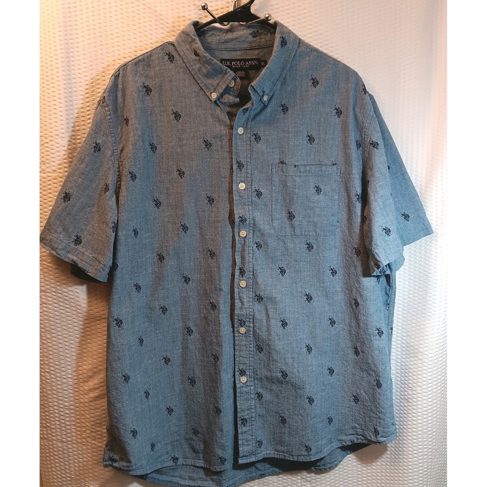 US Polo Assn Mens Short Sleeve Denim Blue Button Down Shirt XL Logo Pattern
